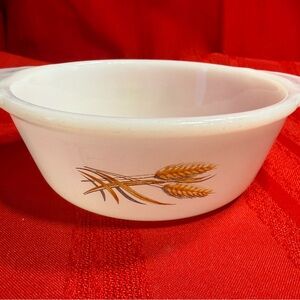 Vintage 1960s Fire King Milk Glass Casserole Dish Wheat Pattern